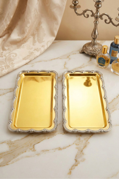 AKSESUAR EVRENİ Rumlov Gold 2-Piece Stainless Steel Silver Frame Coffee Prese...