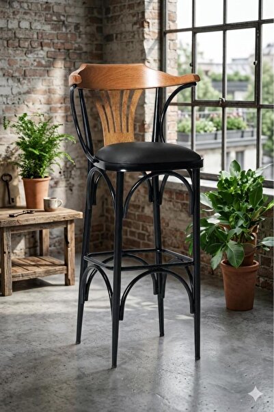 DENGEMA Bar Sandalyesi Siyah-Kahve-T169/65 (Oturma Yüksekliği 65cm) Metal İsk...