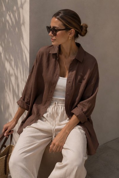bb butik basic Oversized Linen Textured 100% Cotton Single Pocketed Casual Brown Shirt Bb-Ku3435