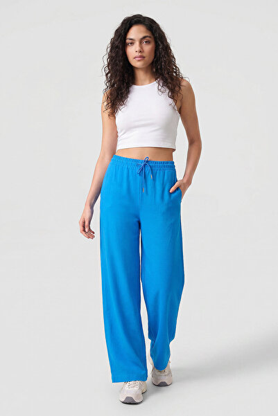 TOMMY LIFE Pantaloni Palazzo de damă, cu picioare largi, din in albastru - 94675