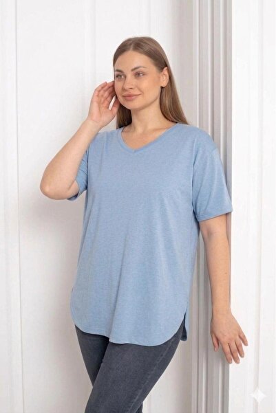 Trendbade Butik Kadın Pamuklu V Yaka Büyük Beden T-shirt Buz Mavi