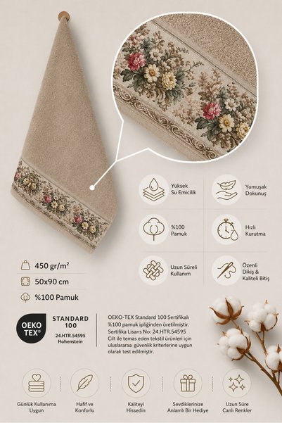 Ellaline FIORE 4-piece Towel Set 100% Cotton Certified, Floral Print Hand / Face / Kitchen Towel 50x90cm