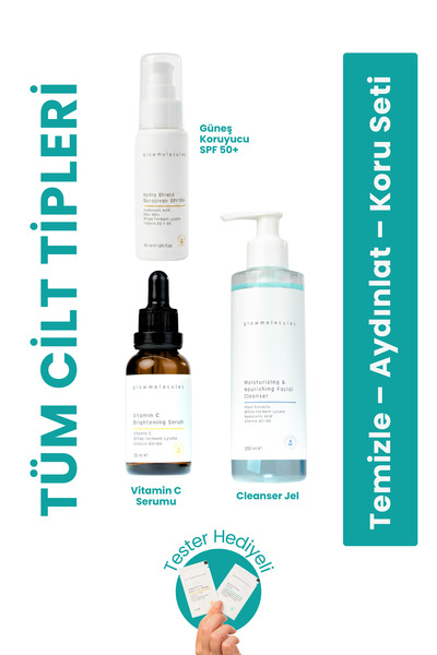 Temizle Aydınlat Koru 3'lü Seti - Vitamin C & Güneş Kremi SPF 50+ & Temizleme Jeli