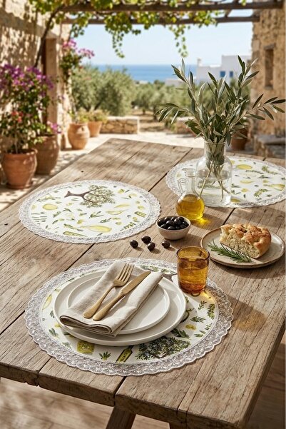 Rona Home Zeytin Desenli Dantel Kenarlı Supla - 40 cm Yuvarlak Dijital Baskıl...