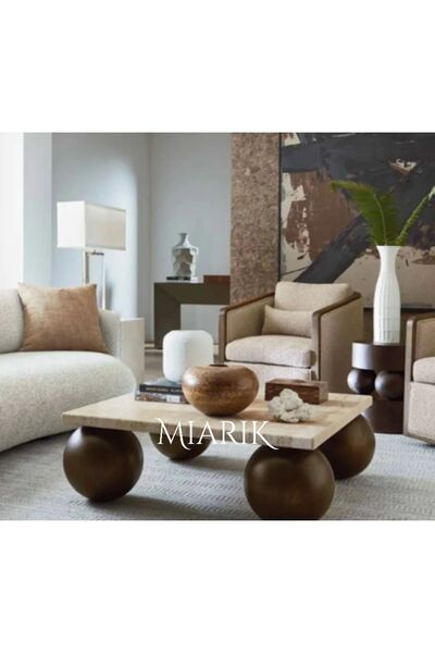 MIARIK DESIGN DEKORATIF AHŞAP TOP AYAKLI TRAVERTEN KARE ORTA SEHPA