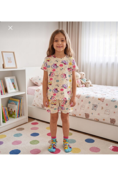 elmas kids Set de pijamale de vară pentru fetiță, 100% bumbac, ursuleț de plu...