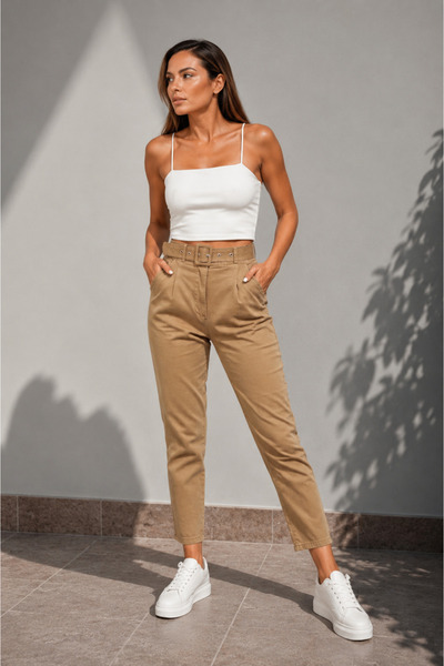ileenofficial Camel Yüksek Bel Gabardin Momstyle Pantolon