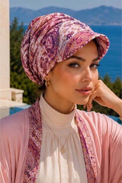 Aişe tesettür Powdered Rose Dried Rose Ethnic Pattern Hijab Hat Bonnet