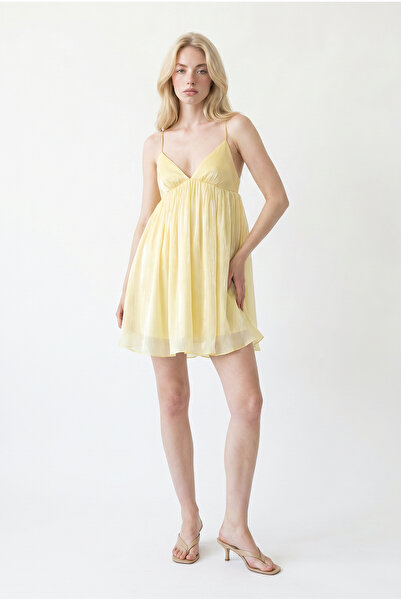 Quzu V-Neck Cross-Strapped Tulle Mini Dress Yellow