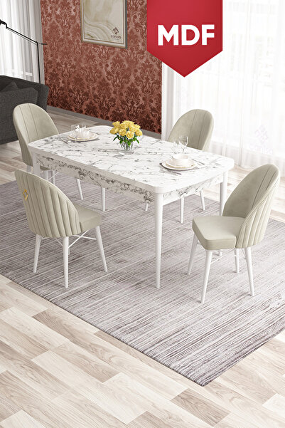 Canisa Elf Serisi 80x132 MDF Açılabilir Beyaz Mermer Desen Masa Takımı Ve 4 K...