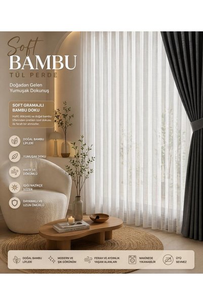 evihtiyaclarim by IOC Soft Bamboo Tulle Curtain, No Ironing Required, 1/2 Sparse Pleated, Quality Modern Design