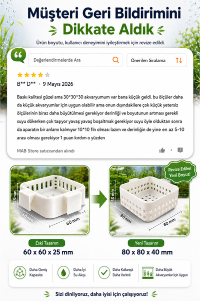 Mabs Tech Akvaryum Su Difüzörü – Bitkili Tanklar İçin Kum ve Bitki Korumalı Su Değişim Aparatı (3D Baskı)