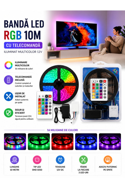OEM HomeRoy – Bandă LED RGB 10M cu Telecomandă, Iluminat Multicolor 12V