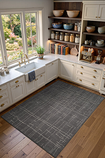 Cotto Home Seria SRA01Z Antrasit Dekoratif Şönil Kilim Çizgili Desen Yıkanabi...