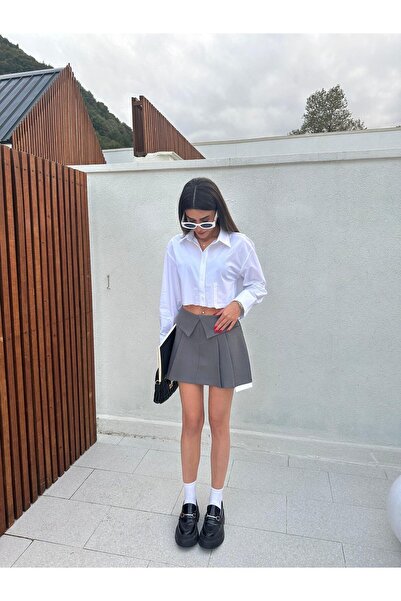 gdkdesignstudıo Üçgen Bel Detay Açık Füme Mini Etek