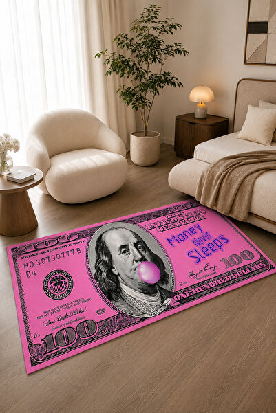 Mondblack Pembe 100 Dolar Money Never Sleeps Halı Kaymaz PVC Dot Tabanlı İnce...