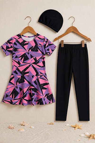 ZUZUNGA Girl's Geometric Patterned Skirted Swimsuit Set