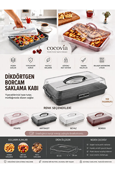 CocoVia Dikdörtgen Borcam Kutusu|Pasta Börek Taşıma Kilitli Kapak Börek Borca...