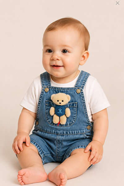 MAXİRA Yazlık Unisex Bebek Denim 2'li Takım Ayı Aplikeli Cepli Salopet Beyaz ...