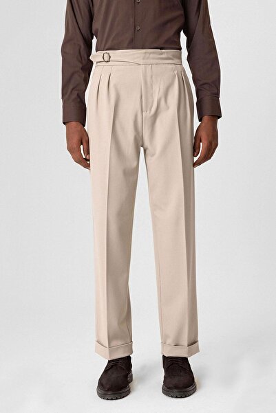 Antioch Beige Buckle Detailed Pleated High Waist Men's Trousers