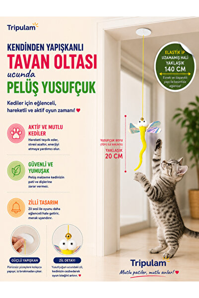 TRİPULAM Peluş Yusufçuk Model Kendinden Yapışkanlı Kedi Oyun Tavan Oltası – H...