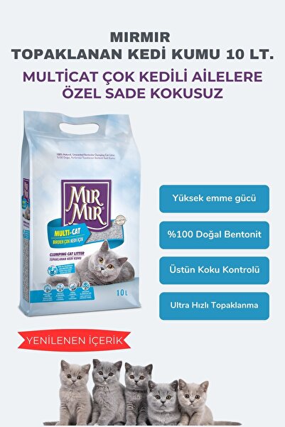 MIRMIR Multicat Kokusuz Topaklanan Kedi Kumu 10 Lt, Yüksek Emici, Tozsuz, Kok...