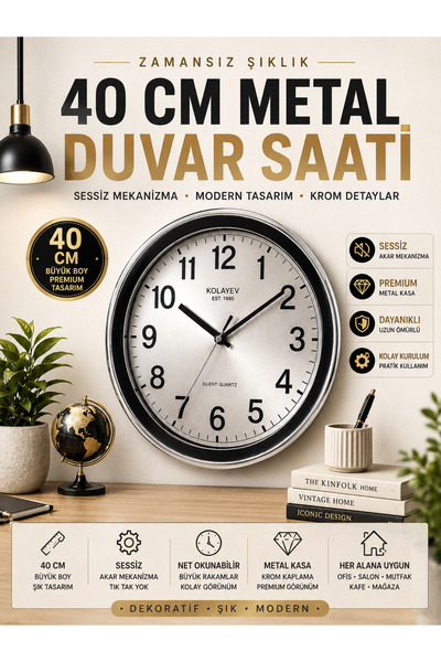 KOLAYEV 40 Cm Metal Krom Duvar Saati Sessiz Mekanizma Camlı Modern Salon Ofis...