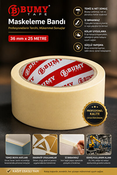BUMY Maskeleme Boya Bandı 36 mm x 25 METRE İz Bırakmayan Dekoratif Kağıt Bant...