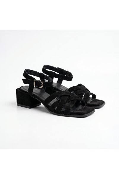 SİBA SHOES Aven Genuine Suede Leather Ankle Strap Black Heeled Shoes