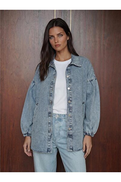 WeShaya Blue Cotton Denim Fabric Balloon Sleeve Buttoned Unlined Oversize Jac...
