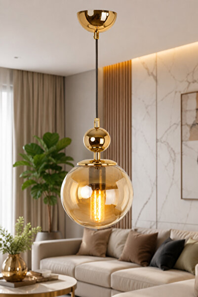 VENON Lorenza TEKLİ ✨ SİYAH ✨ GOLD DETAYLI ✨ BAL GLOP CAMLI Tekli Avize Moder...