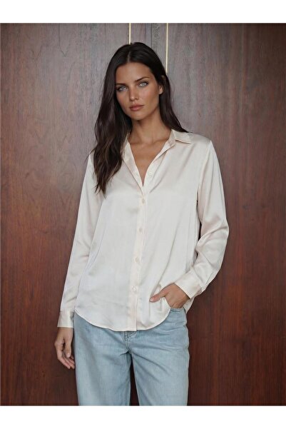 WeShaya Cream Light Flowy Satin Fabric Long Sleeve Buttoned Cuff Shirt Collar...