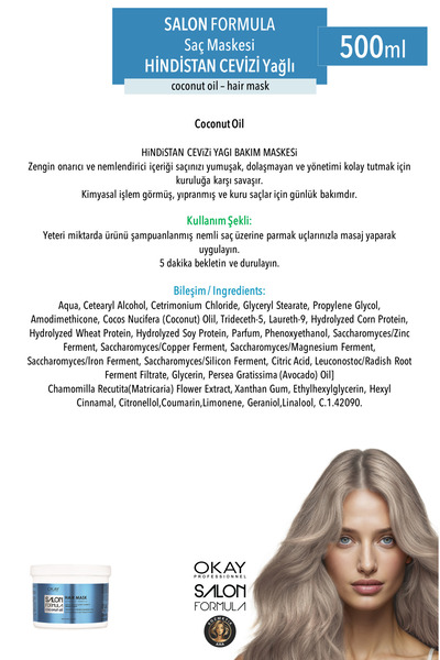 OKAYPROFESSIONNEL SALON FORMULA İşlem Görmüş ve Aşırı Yıpranmış Saçlar İçin 2'li COCONUT Saç Maskesi (500ml x 2 adet)
