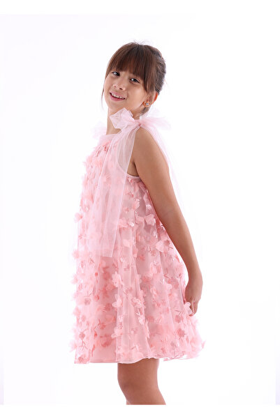 Ozmoz By Mukadder Özden Tulle Sleeves and Straps Pink Girls Evening Dress
