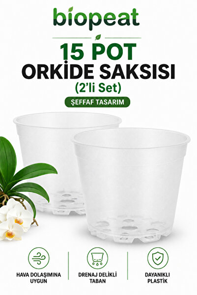 BioPeat 15 Pot Orkide Saksısı Şeffaf (2’li Set) Drenaj Delikli Plastik Saksı