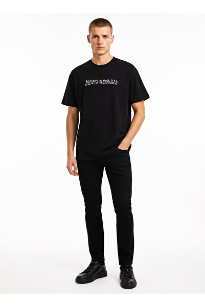 Just Cavalli Siyah Erkek Yazı Baskılı T-Shirt 78PM631 BURNING TROPEZ