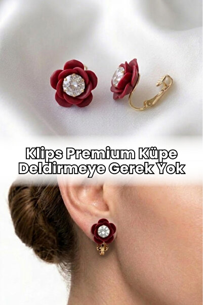 Elifsu Jewelry Klips Küpe Gül Tasarımlı Zirkon Taşlı Deliksiz Küpe Premium Ta...