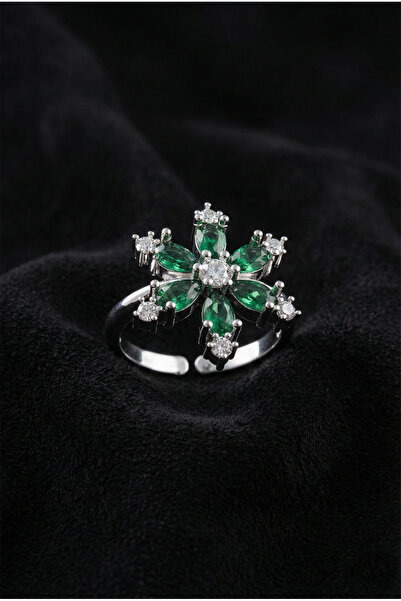 Roza Silver 925 Ayar Zümrüt Taşlı Rodyum Lotus Çiçeği Ayarlanabilir Gümüş Yüzük
