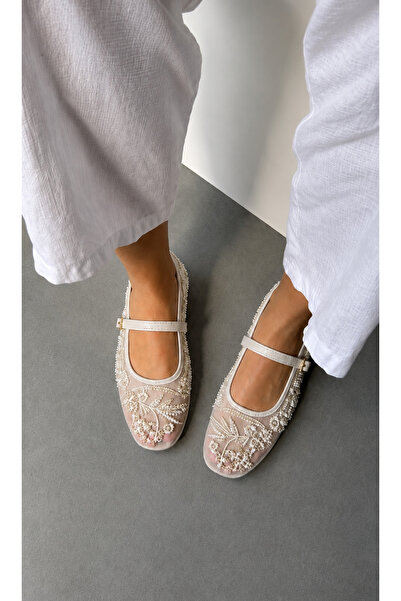 FootFrenzy Pantofi balerini Mary Jane Elise pentru femei, crem, cu perle brodate