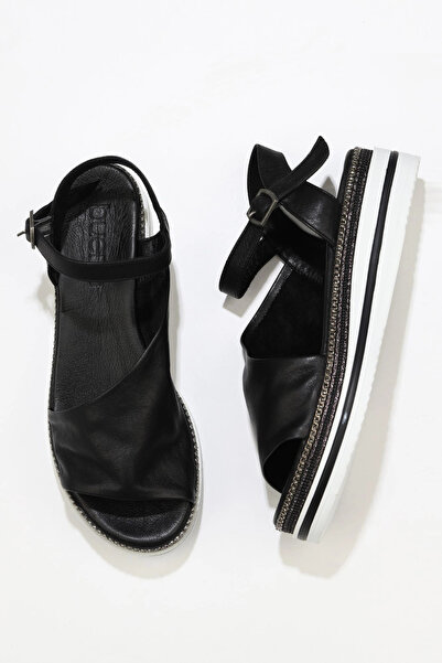 Bueno Shoes Black Leather Women's Wedge Heeled Sandals 01Ws4203