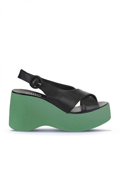 Bueno Shoes Sandale cu toc cu pană pentru femei, din piele neagră verde închi...