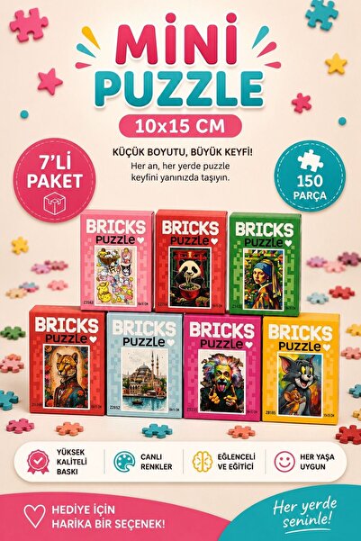 Gargamel Bricks Puzzle 7’li Set 100 Parça Mini Puzzle 10x15 cm Zeka Oyunu Eği...