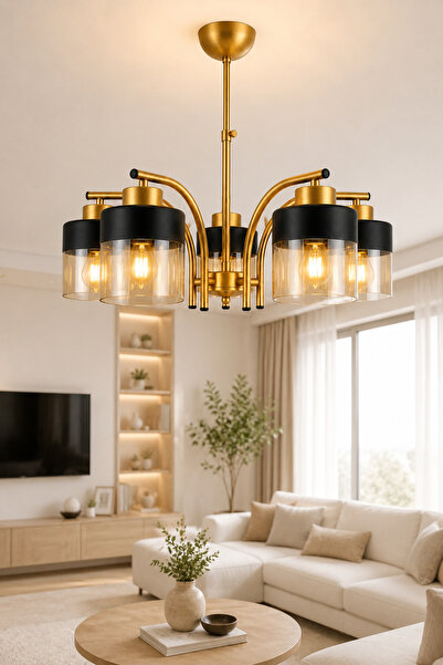 ESSLİGHT Defne 5’li Eskitme Bal Camlı Modern Salon Mutfak Yatak Odası Avize