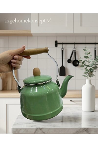 ALEV EMAYE 2.5 Lt Wooden Handle Vintage Enamel Linden & Plant Teapot with Lid
