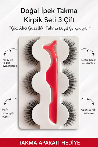 eyelash Doğal Ipek Takma Kirpik 3 Çift Kirpik Takma Aparatı 3d-48