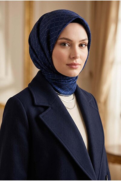 Vissona %100 Twill İpek Minik V Desenli Lacivert Renkli 90x90 Eşarp Dikim Şek...