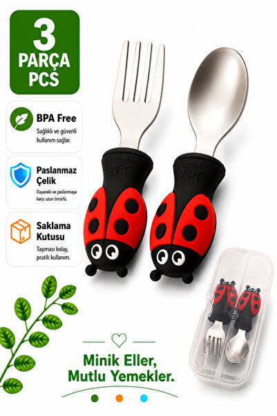 jojobebek Uğurböceği Premium Çocuk BPA'sız Silikon Saplı Paslanmaz Çelik Uçlu...
