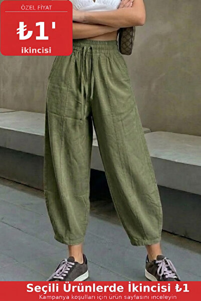 COMBİNE MİCHAİL Kadın Beli Lastikli Haki Şalvar Pantolon