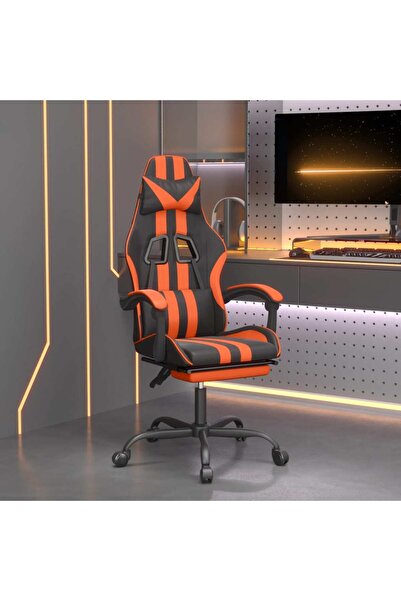 Concept Scaun de gaming cu suport picioare, negru/oranj, piele