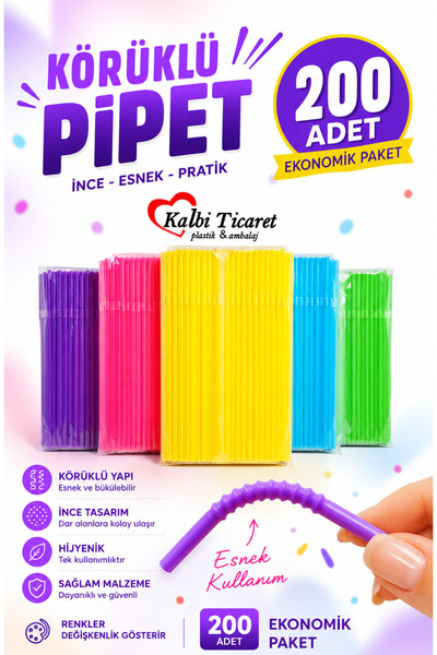 Kalbi Ticaret İnce Pipet Körüklü Karışık Renkli 200'lü Pipet Tek kullanımlık ...